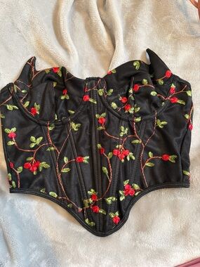 Black Embroidered Floral Corset Top with Red and Green Accents